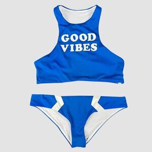 PINK Victoria’s Secret Good Vibes Bikini Blue White High Neck Top S Bottom XS